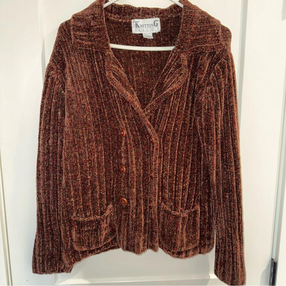 Knitting Needles Brown Textured Cardigan acrylic chenille women’s size: L